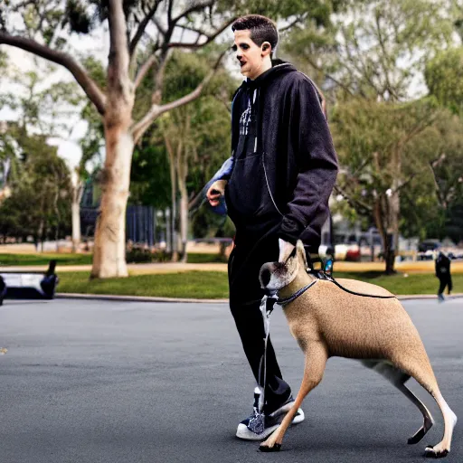 Prompt: Pete Davidson walking a kangaroo, 4k, photorealistic,