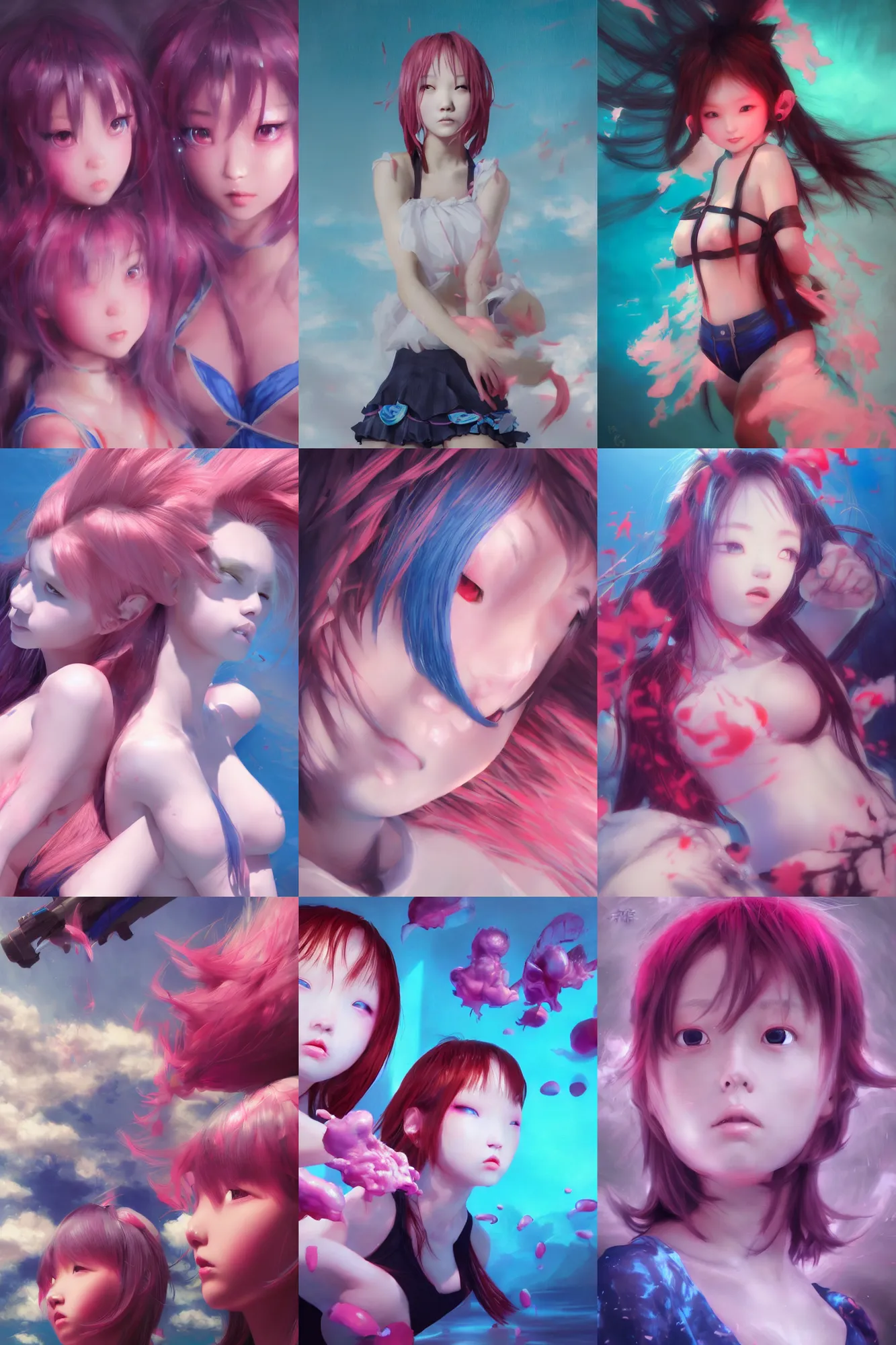 Prompt: 3d dark infrared octane render concept art by D. Jun, by Mo Xiang Tong Xiu, by Igarashi Daisuke, beauty portrait anime schoolgirls under dark pink and blue water. cute face. explosion. dramatic light, trending on artstation, oil painting.