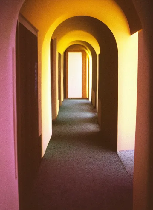 Prompt: a photograph of a minimal hallway with rounded arches lit with soft colorful lighting, 3 5 mm, color film camera, pentax