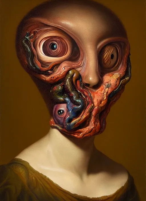 Image similar to strange, looming head, biomorphic painting of a woman with large eyes, deep rich colours by, rachel ruysch, and charlie immer, highly detailed, emotionally evoking, head in focus, volumetric lighting, oil painting, timeless disturbing masterpiece