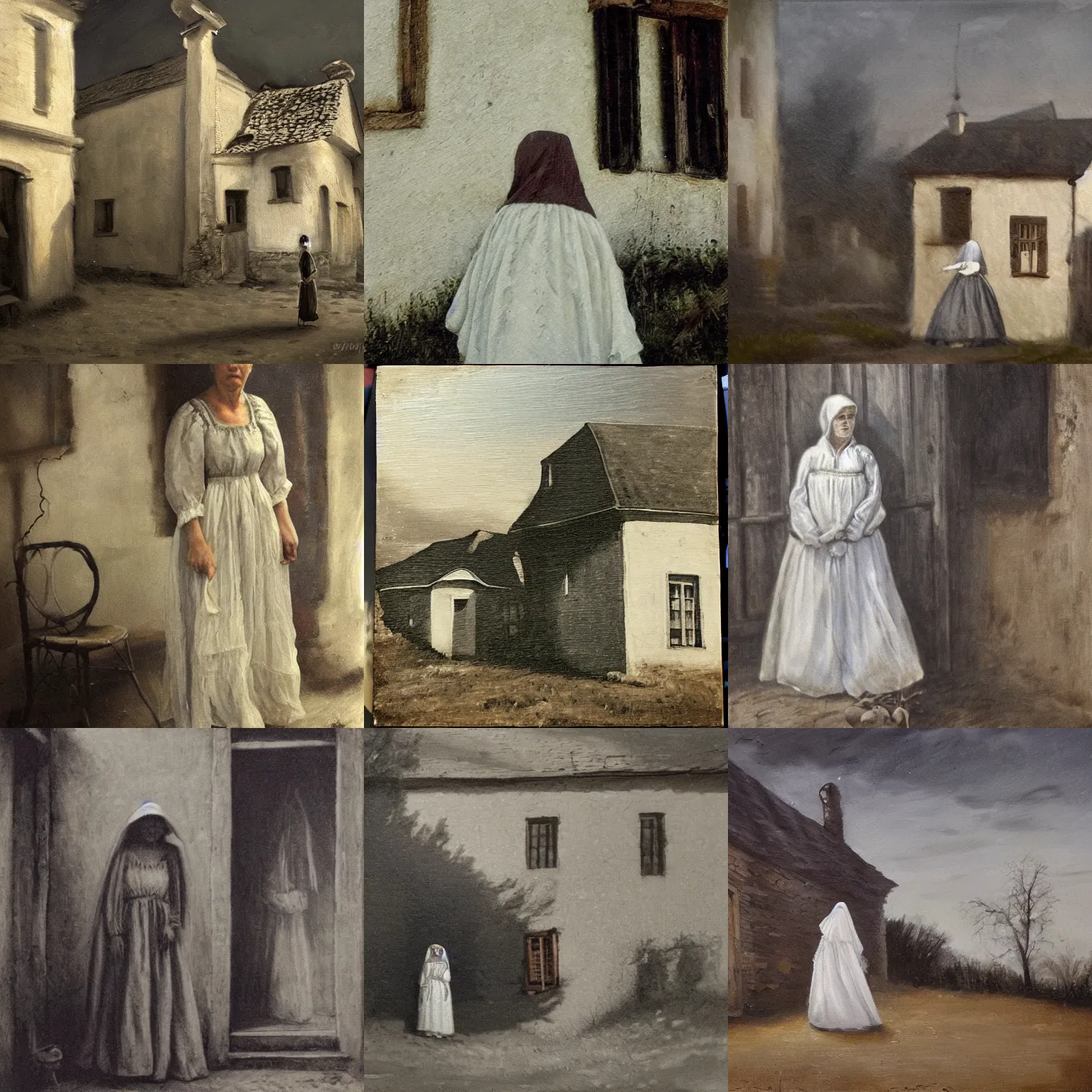 Prompt: a ( ( ghost woman in white dress ) ) in front of a 1 9 th century, old hungarian peasant house. closeup, atmoshperical, midnight, dark, realistic, highly detailed, shadows, mysterious, oil canvas by szinyei merse pal, mednyanszky laszlo, meszoly geza, and lotz karoly