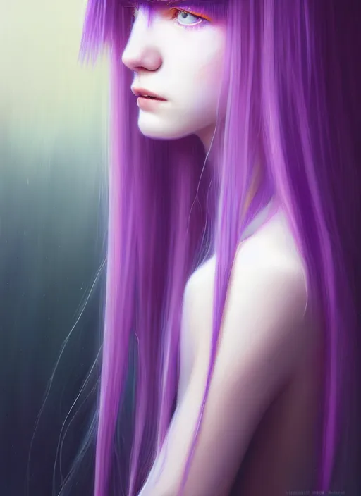 Image similar to hair whitebangs hair, black hair, whitebangs, portrait of teenage girl with white bangs, red irises, purple clothes, white bangs, bangs are different color from hair, intricate, elegant, glowing lights, highly detailed, digital painting, artstation, concept art, smooth, sharp focus, illustration, art by wlop, mars ravelo and greg rutkowski