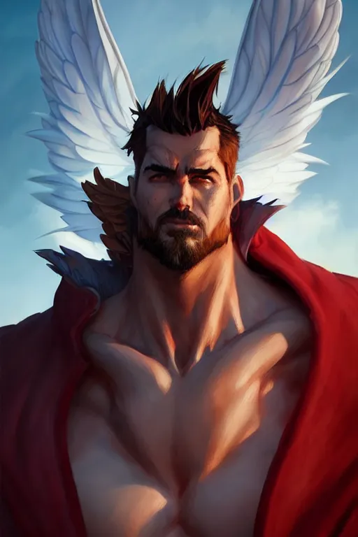 Image similar to character art by wlop, steve henderson, and j scott campbell, gooseman, male hero, goose head, wings, 4 k, arstation, trending, high quality, very detailed, digital