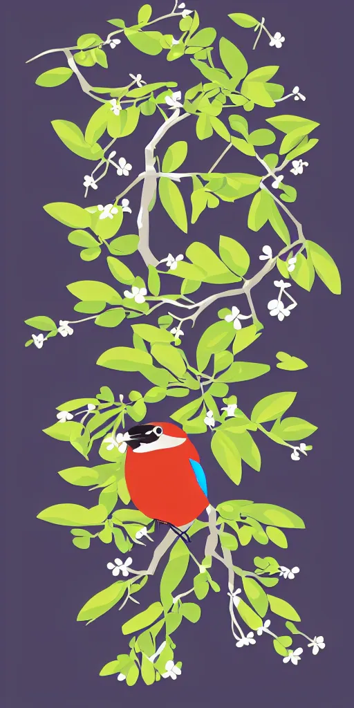 Prompt: shirt design, vector style, a warbler on a branch of a tree with prunes flowers, fresh modern look, made with photoshop,
