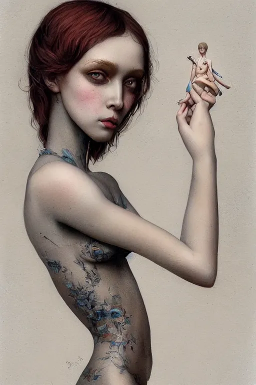 Image similar to a beautiful portrait of a single lonely dollpunk female posing, detailed, realistic eyes, symmetry body features proportions, award winning, by Tom Bagshaw