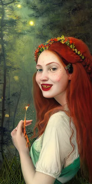 Prompt: young woman, serene smile, surrounded by golden firefly lights amidst nature, full covering intricate detailed dress, long red hair, precise linework, accurate green eyes, small nose with freckles, beautiful smooth oval shape face, empathic, expressive emotions, dramatic lights spiritual scene, hyper realistic ultrafine art by artemisia gentileschi, jessica rossier, boris vallejo