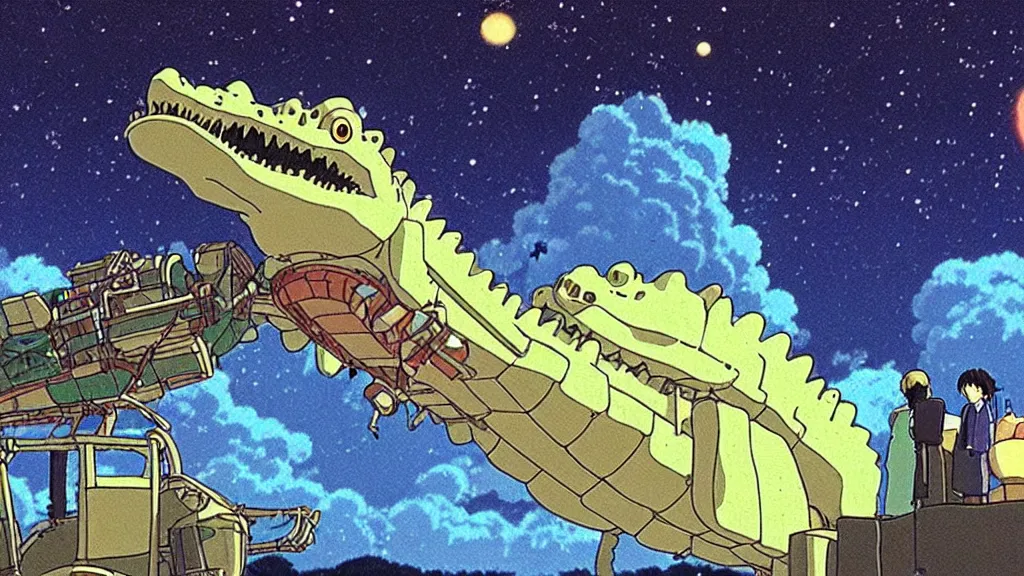 Image similar to a movie still from a studio ghibli film showing a giant mechanized crocodile from howl's moving castle ( 2 0 0 4 ). a pyramid is under construction in the background, in the rainforest on a misty and starry night. a ufo is in the sky. by studio ghibli