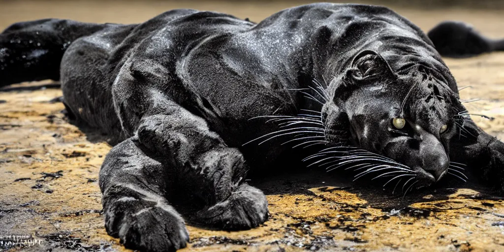 Prompt: a panther, made of ferrofluid, bathing inside the tar pit, full of tar, covered with ferrofluid. dslr, photography, realism, animal photography, color, savanna, wildlife photography