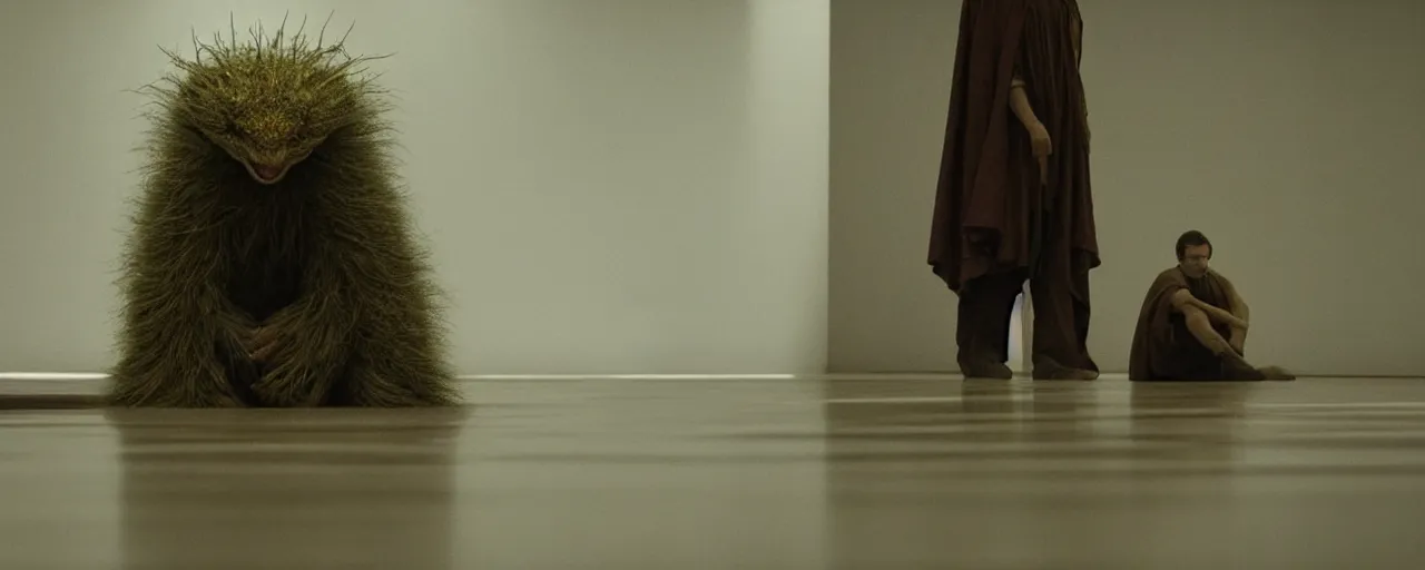 Image similar to a strange creature sits in the home room, film still from the movie directed by Denis Villeneuve with art direction by Zdzisław Beksiński, close up, telephoto lens, shallow depth of field