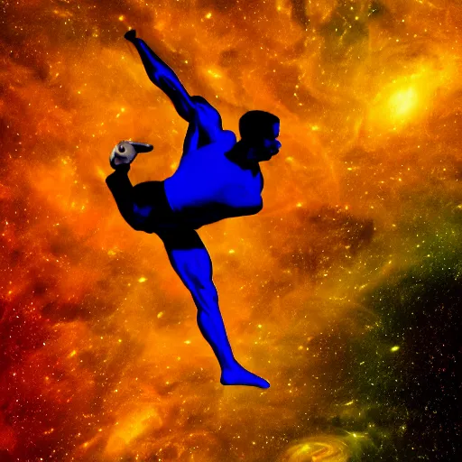 Image similar to athletic man doing a pullup using gymnastic rings, silhouette, long shot, in a cosmic nebula background, matte colors, dramatic, inspiring digital art trending on artstation