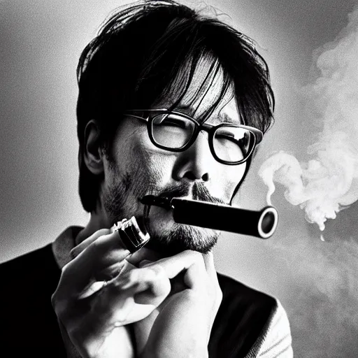 Image similar to photorealistc photograph of hideo kojima smoking a vape. black and white. intricate detail, volumetric smoke