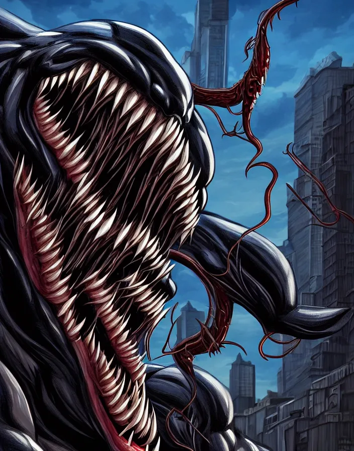 Image similar to fantastic illustration of venom, lethal protector, muscles, muscular, veins, open mouth, angry, saliva, bigh sharp teeths, savage, in a city at night, on top of buildings, large thong, artstation, 3 d hammer modeling, hd, sharp high quality artwork in cinematic style, movie lighting,