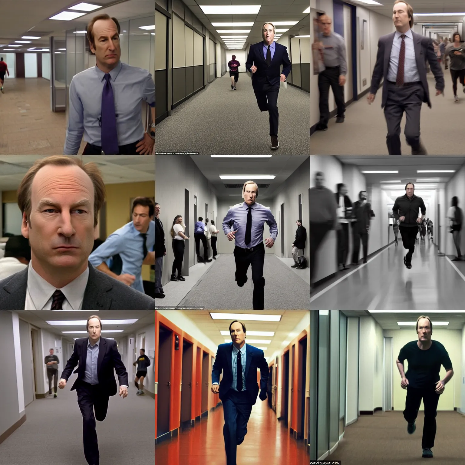 Prompt: pov : bob odenkirk chases you through endless office corridors, running, sprinting, sprinting, running, running, running, running, sprinting, blurred, frantic, shaky camera, shaky camera, shaky camera