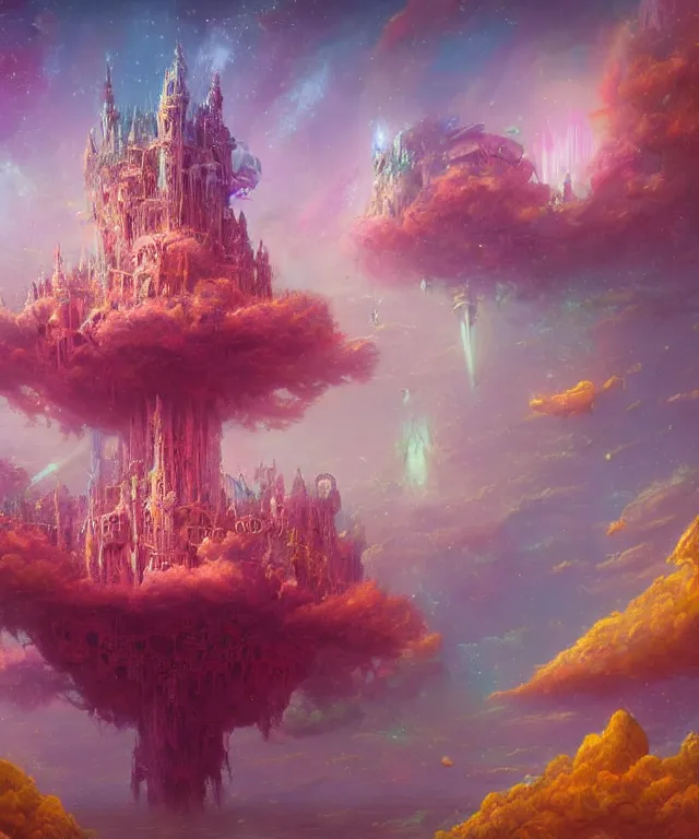 Prompt: an ultra detailed maximalist concept digital art painting of a singular floating island castle, levitating across space in a misty pearlescent nebula by paul lehr kazumasa uchio situated in a starry expanse of bioluminescent cosmic worlds by lee madgwick, beksinski and beeple, ecological art, flying citadel with towers, trending on artstation