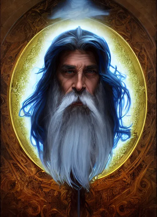 Image similar to medium - length portrait of a male wizard wreathed in arcane sigils with long white hair and glowing blue eyes, long white beard, dark brown skin, stern expression, wears a long robe, medieval setting, highly detailed, digital painting, artstation, concept art, sharp focus, illustration, art by greg rutkowski and alphonse mucha
