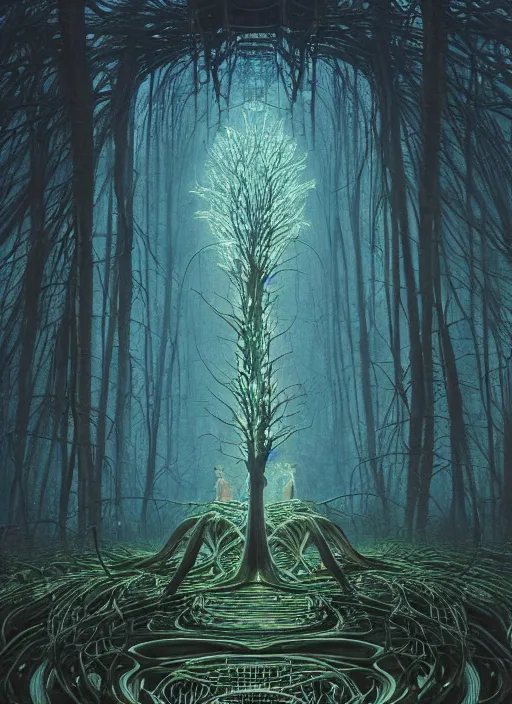 Image similar to A majestic tree, symmetrical, neon, RGB, glowing wires everywhere, pristine, by Edgar Maxence and Ross Tran, Zdzisław Beksiński, and Michael Whelan, distant, gustav dore, H.R. Giger, 8k, octane render