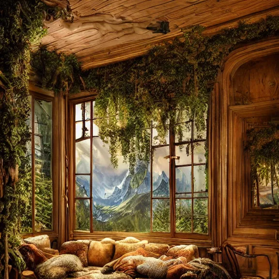 Prompt: fantastical living room with switzerland landscape in the window by marc adamus, beautiful dramatic lighting, overgrown with funghi, style by peter deligdisch, peterdraws