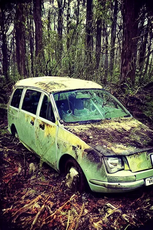 Prompt: “Old disintegrated blue Skoda Octavia Combi in a depressing dead forest”