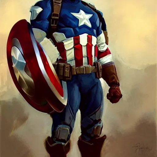 Image similar to greg manchess portrait painting of heavily armored captain america as overwatch character, totally whack, medium shot, asymmetrical, profile picture, organic painting, sunny day, matte painting, bold shapes, hard edges, street art, trending on artstation, by huang guangjian and gil elvgren and sachin teng