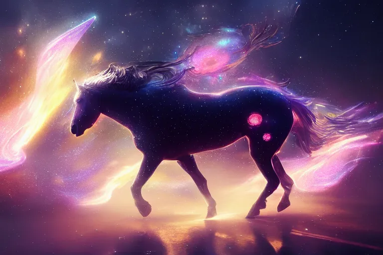 Image similar to a stunning horse made of a illuminated star chart running through a space nebula by greg rutkowski, high key lighting, volumetric light, digital art, highly detailed, fine detail, intricate, ornate, complex, octane render, unreal engine, photorealistic