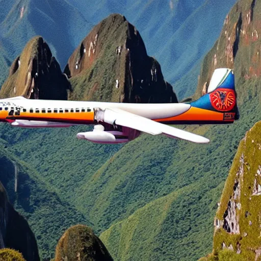 Prompt: an ancient Aztec strategic bomber flies low over Maccu Picchu, realistic digital photo, South American mountains, aircraft made of stone