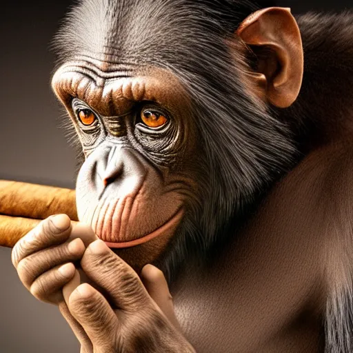 Image similar to a high detail shot of a chimp wearing a suit, smoking a cigar, render, cgsociety, photorealism
