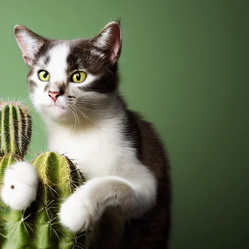 Prompt: A real photograph of a cat licking a cactus, close view, studio lighting, DSLR