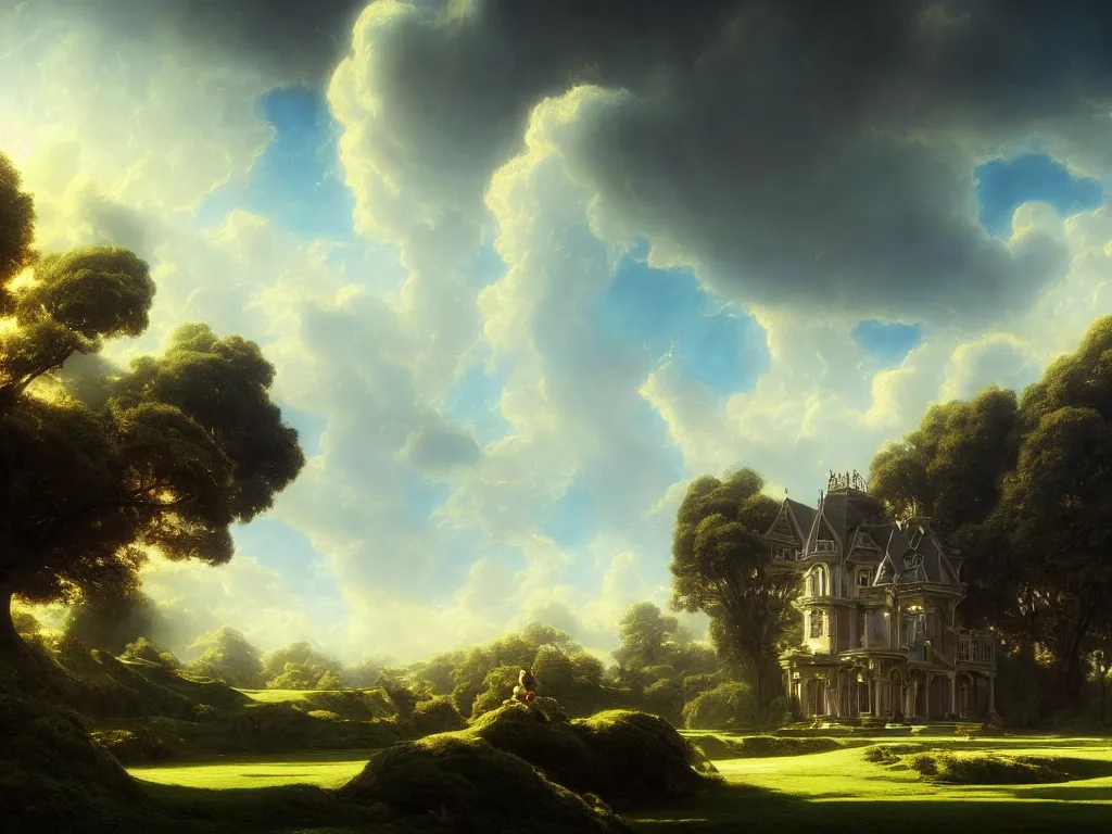 Image similar to beautiful landscape, gorgeous victorian mansion, sunny sky with fluffy clouds, iredescent soft glow bloom effect, dream - like, baroque portrait painting, perfect composition, beautiful detailed, intricate detailed octane render, unreal engine 5, trending on artstation, 8 k, chiaroscuro, masterpiece, raphael, caravaggio, beksinski, ghibli