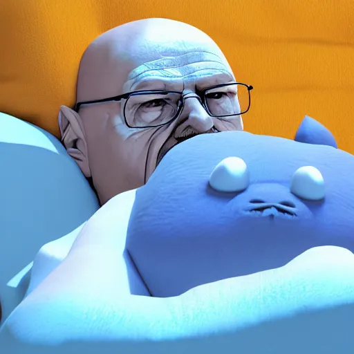 Image similar to walter white 3 d render, high definition, sleeping next to a snorlax, bright blue background, simple, high definition