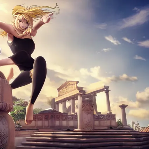 Image similar to blonde - haired princess, anime princess, wearing skinsuit, action pose, parkour, plaza, greco - roman pillars, golden hour, partly cloudy sky, sepia sun, strong lighting, strong shadows, vivid hues, ultra - realistic, sharp details, subsurface scattering, intricate details, hd anime, 2 0 1 9 anime