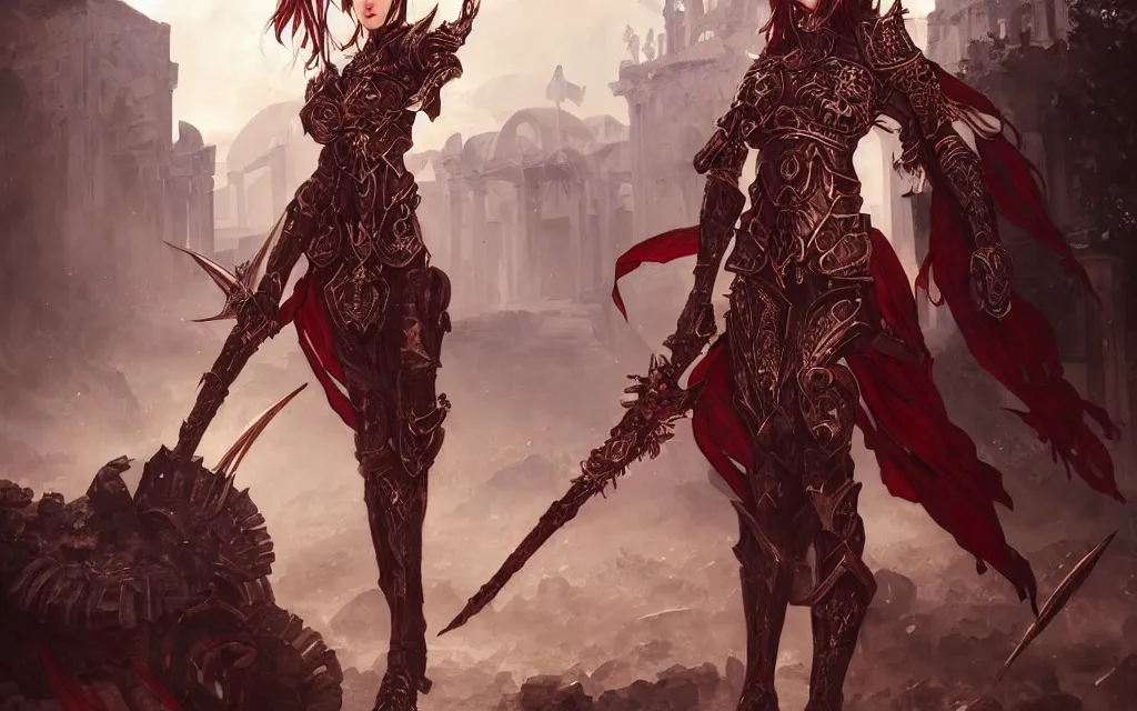 Image similar to knights of zodiac girl + smoky eyes, black and reddish armor, knight cinematic shot, in ruined agora of athens, ssci - fi and fantasy, intricate and very very beautiful and elegant, highly detailed, digital painting, artstation, concept art, smooth and sharp focus, illustration, art by tian zi and wlop and alphonse mucha