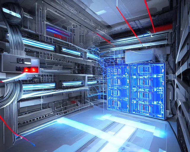 Prompt: datacenter with red laser trip - wire alarm system in the style of mission impossible, server in the middle, deep view, heavy blue led lights, wires connected, award winning, extremely detailed, artstation, 8 k, incredible art