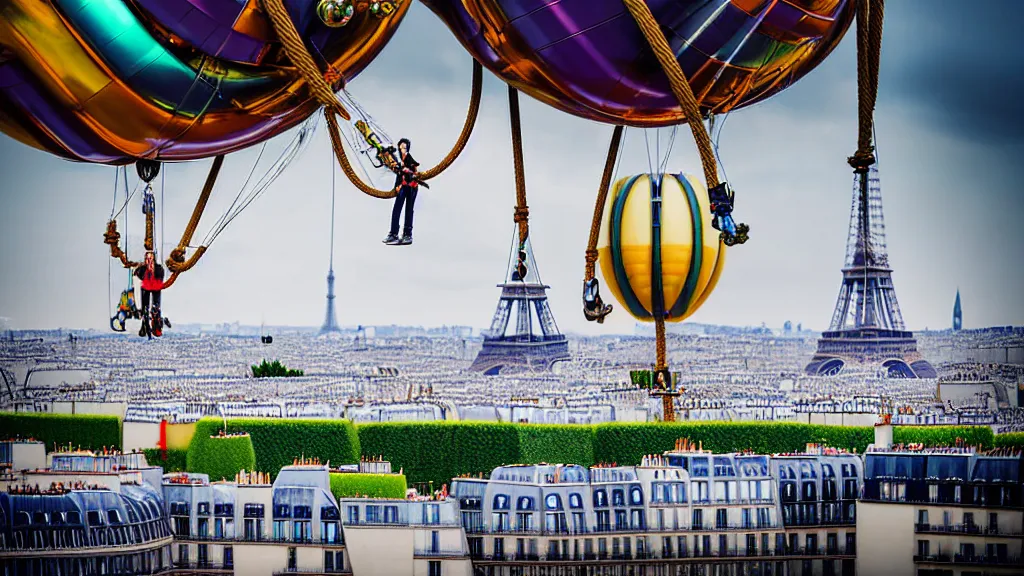 Image similar to large colorful futuristic space age metallic steampunk steam - powered balloons with pipework and electrical wiring around the outside, and people on rope swings underneath, flying high over the beautiful paris city landscape, professional photography, 8 0 mm telephoto lens, realistic, detailed, photorealistic, photojournalism