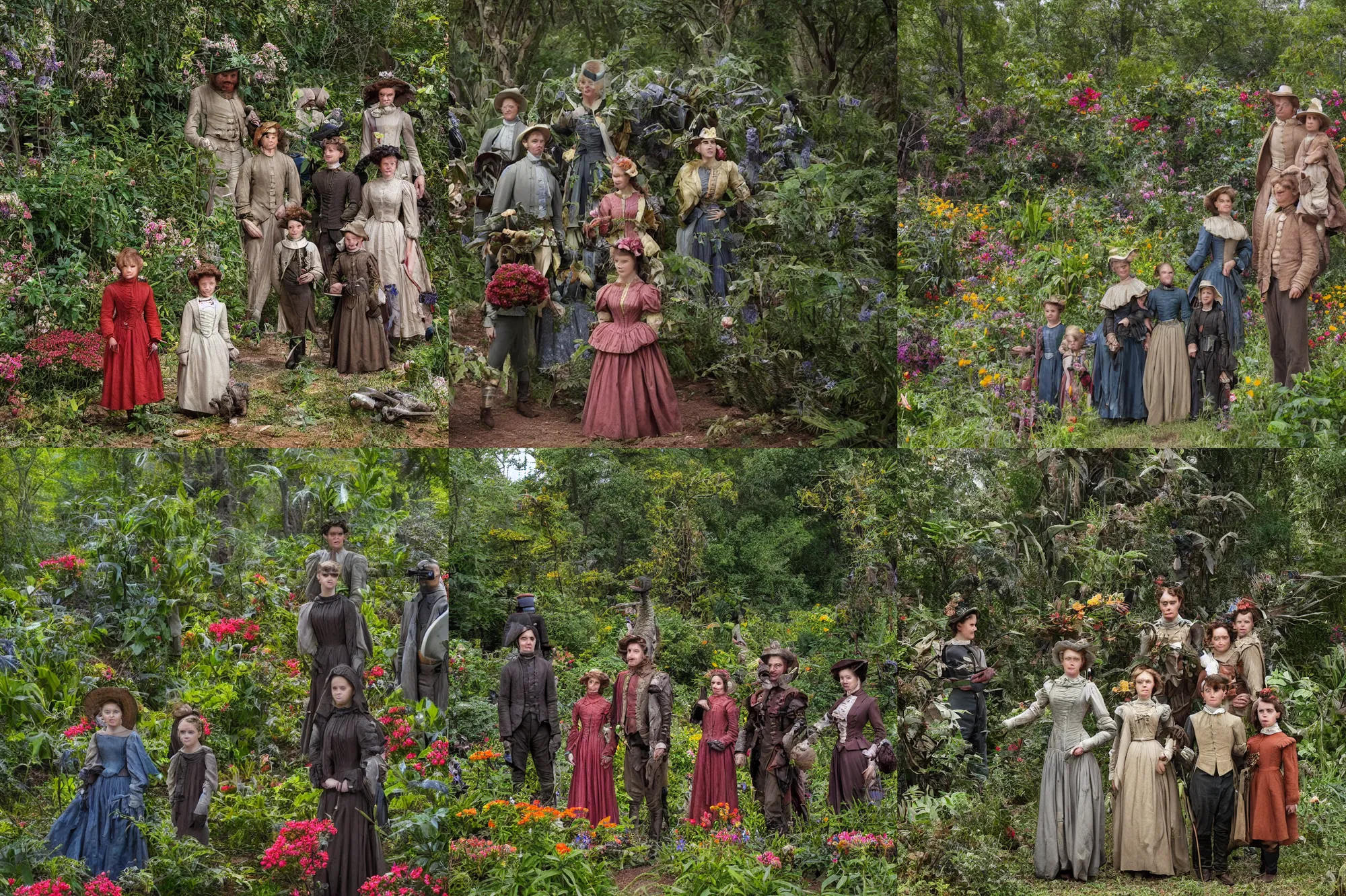 Prompt: sharp, highly detailed, 43456k film, 161800mm film still from a sci fi blockbuster color movie made in 2019, set in 1860, of a family standing in a park, next to some strange alien plants and flowers, on an alien planet, the family are all wearing 1860s era clothes, good lighting, ultra high definition, 35mm macro lens