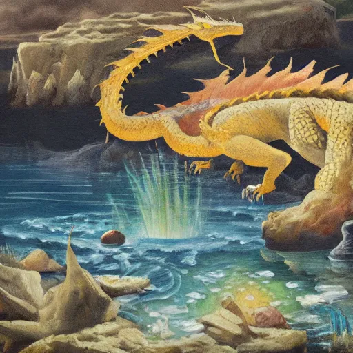 Image similar to oil painting of a dragon emerging from a hotspring