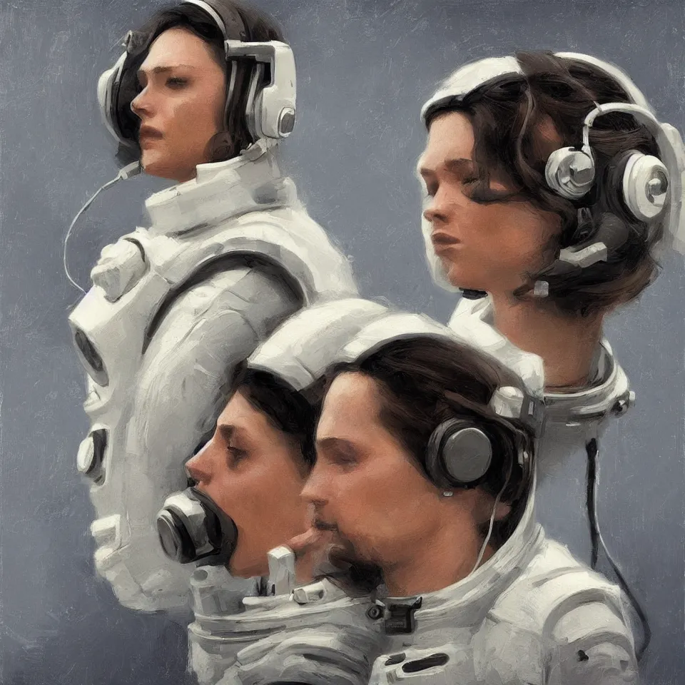 Image similar to a portrait astronaut wearing a headphone, digital painting, digital art, beautiful, cinematic, art by jeremy lipking