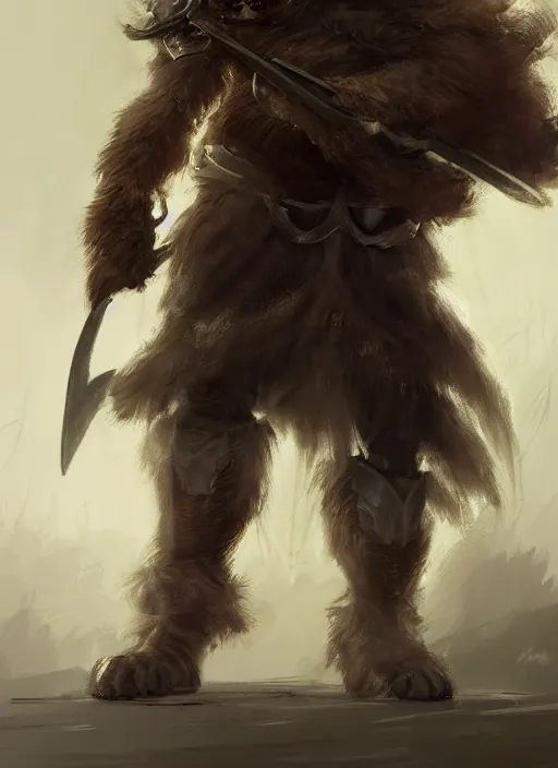 Image similar to A humanoid dog in heavy armor, brown and white fur, holding a green Scythe . In style of Hyung-tae Kim, Greg Rutkowski and Larry Elmore, concept art, trending on ArtStation, Korean MMORPG, over-detailed art, 8K, epic, dynamic lightning, scenery.