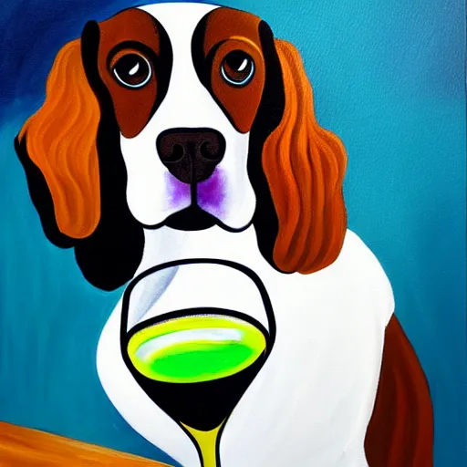 Image similar to a painting of a spaniel at the bar with a Martini, style mila furstova, light effect