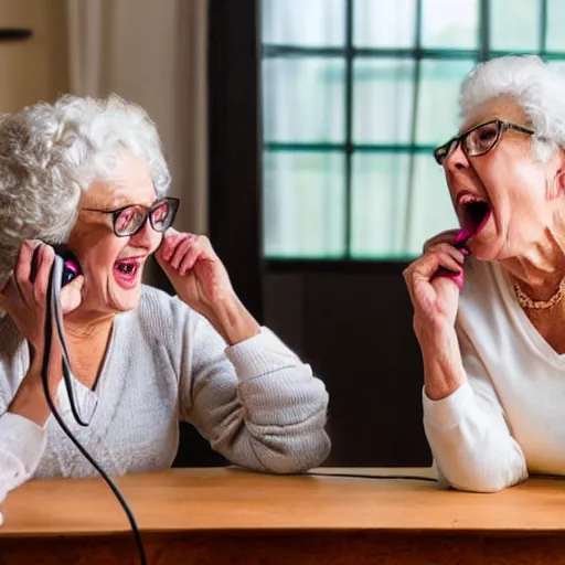 Prompt: old ladies shouting into a landline telephone receiver, ( ( ( spiral cord ) ) ), good light, high quality, super detail