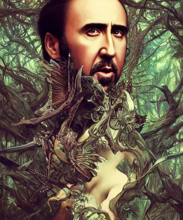 Image similar to epic full body portrait of Nicolas Cage fantasy, intricate, elegant, highly detailed, nicolas cage, nic cage, nicolas cage, digital painting, artstation, concept art, smooth, sharp focus, illustration, deep forest on background, art by artgerm and greg rutkowski and alphonse mucha,