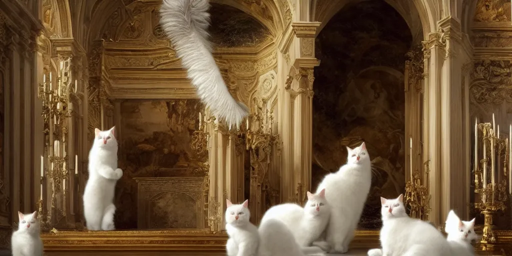 Prompt: beautiful oil matte painting, white fluffy cats holding a church ceremony inside a baroque cathedral, wonderful masterpiece highly detailed, beautiful cinematic light deep focus, elegant, digital painting, smooth, sharp focus, golden ratio, dramatic illumination, ultra realistic, 8 k, art by giovanni bellini and caravaggio