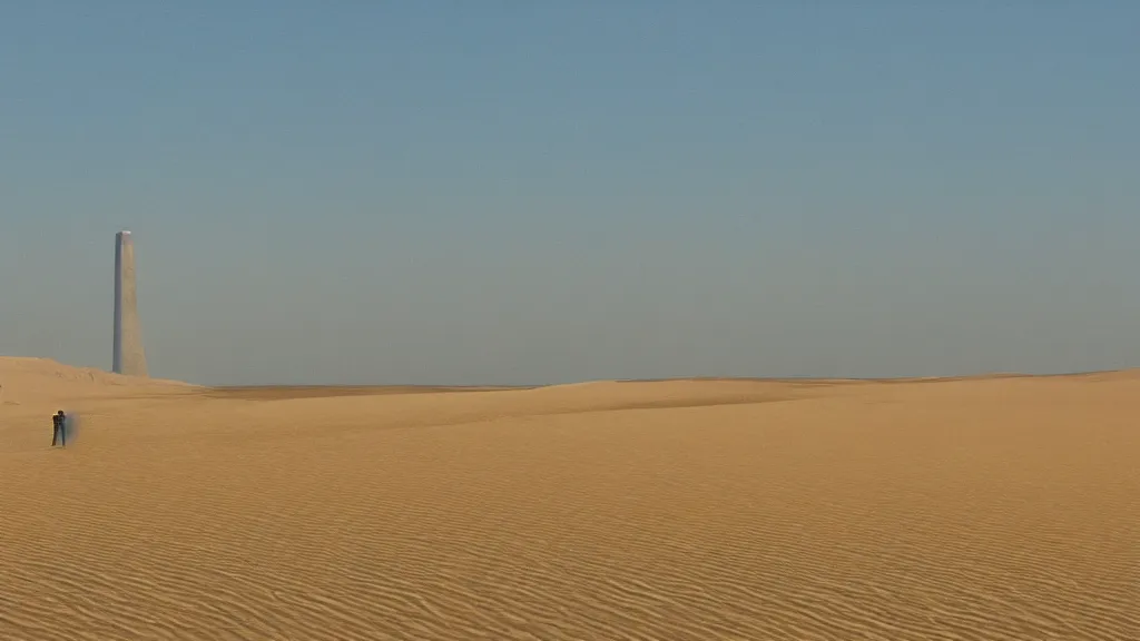 Prompt: patrick j. jones. rutkowski. the last tower looms above the dunes. sand. lonely. isolated. 3 8 4 0 x 2 1 6 0