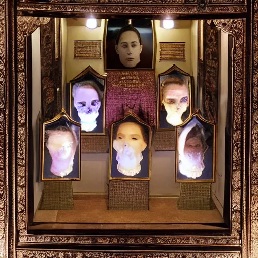 Prompt: The royal tomb, jewelpunk, each indiviual person is on display, posed as they were in life, encased forever in diamond, very beautiful, each body is lit from above. Princess Soraha, age 10