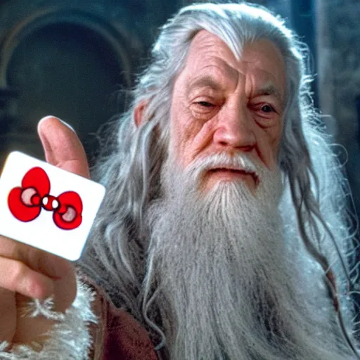 Image similar to portraid of gandalf wearing a Hello Kitty costume, holding a blank playing card up to the camera, movie still from the lord of the rings