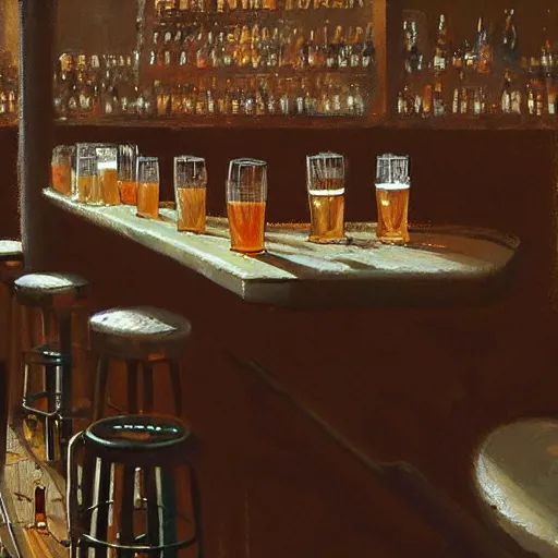 Prompt: A pint of beer sitting on a bar, by greg rutkowski