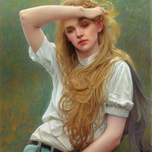 Image similar to A young woman with blonde long hair and bangs in shorts and white shirt drawn by Donato Giancola and Jon Foster, frank frazetta, alphonse mucha, background by James Jean and gustav klimt, 4k, volumetric lighting, french nouveau, trending on artstation, octane render, hyperrealistic