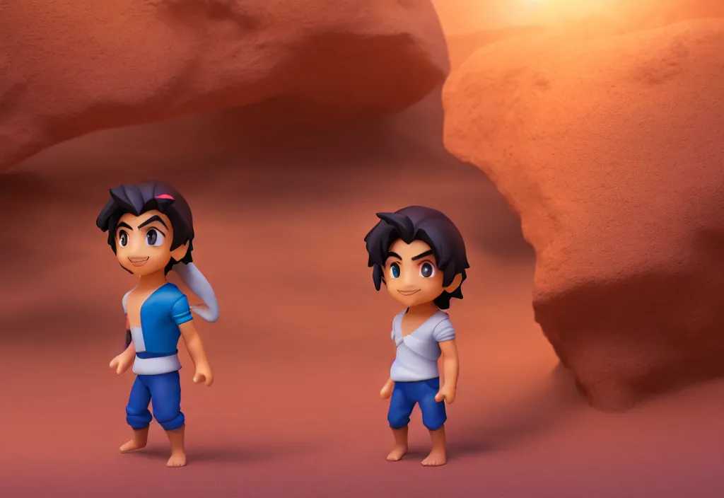 Image similar to side view of young aladdin as nendoroid walking in a desert village, 8 k, hd, dof, kodak film, volumetric lighting, subsurface scattering, photorealistic, octane render