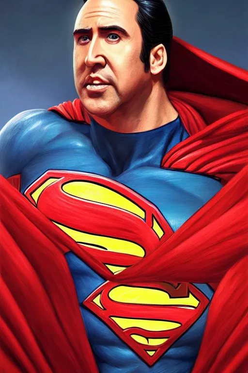 Image similar to Portrait of Nicolas Cage as superman, DC, justice league, cinematic lighting, intricate, elegant, highly detailed, digital painting, artstation, painted by Artgerm and Mark Waid and Greg Rutkowski and Mandy Jurgens and Snyder