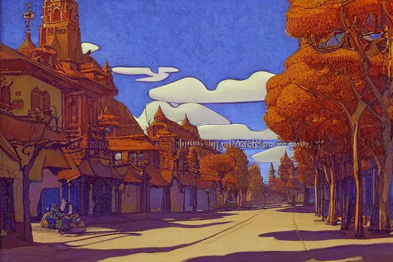 Prompt: tree-lined street in a very old very beautiful city by Thomas Seddon and Nicholas Roerich, ornate wrought iron, strong dramatic cinematic lighting , colorful tiled architecture, lost civilizations, smooth, sharp focus, extremely detailed