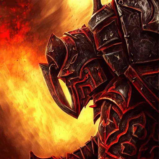 Image similar to chaos warrior with heavy armor and sword, heavy knight helmet, dark sword in hand, war theme, bloodbath battlefield, fiery battle coloring, hearthstone art style, epic fantasy style art, fantasy epic digital art, epic fantasy card game art